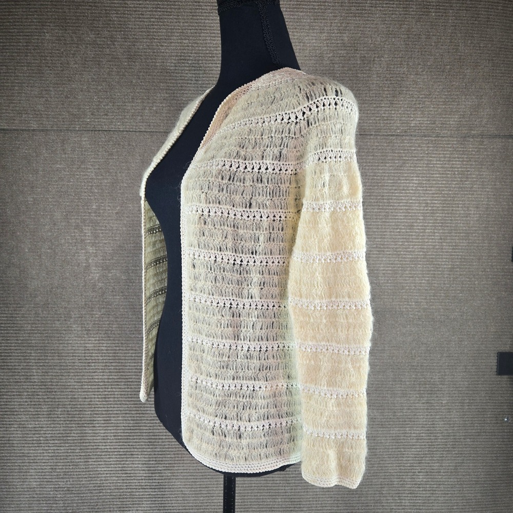 Fashion M Ivory Mohair Wool Blend Hand Crocheted Open Front Cardigan Sweater